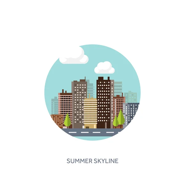 Vector illustration. Set of city silhouettes. Cityscape. Town skyline. Panorama. Midtown houses. Skyscrapers. — Stock vektor