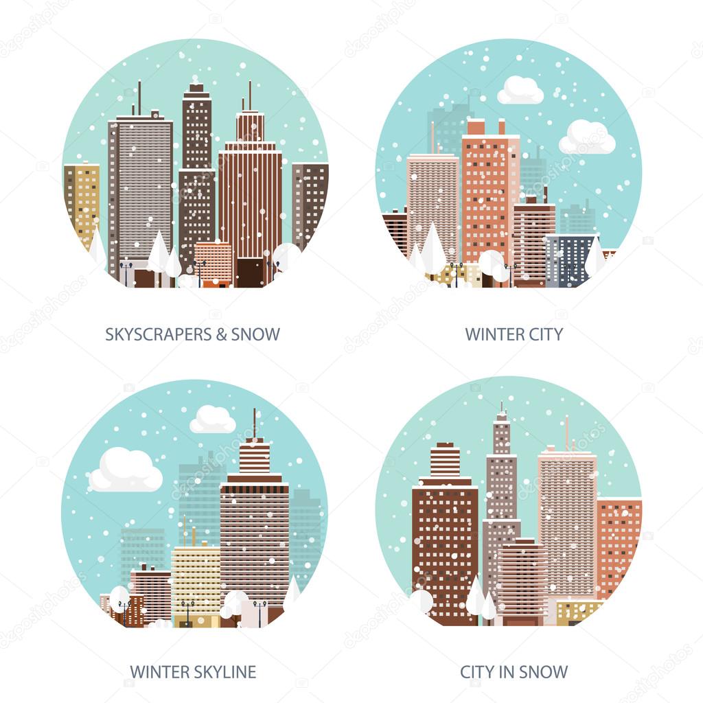 Vector illustration. Winter urban landscape. City with snow. Christmas and new year.  Cityscape. Buildings.