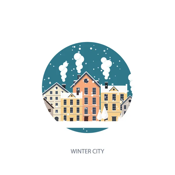Vektor illustration. Urban vinterlandskap. Staden med snö. Jul och nyår. Stadsbilden. Byggnader. — Stock vektor