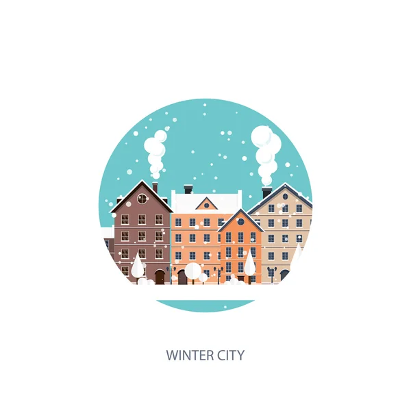 Vektor illustration. Urban vinterlandskap. Staden med snö. Jul och nyår. Stadsbilden. Byggnader. — Stock vektor