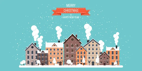 ベクトルの図。冬都市の風景。雪と都市。クリスマスと新年。都市の景観。建物. — ストックベクタ