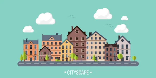 Ilustración vectorial. Siluetas de ciudad. Paisaje urbano. El horizonte de la ciudad. Panorama. Casas Midtown. Verano . — Vector de stock