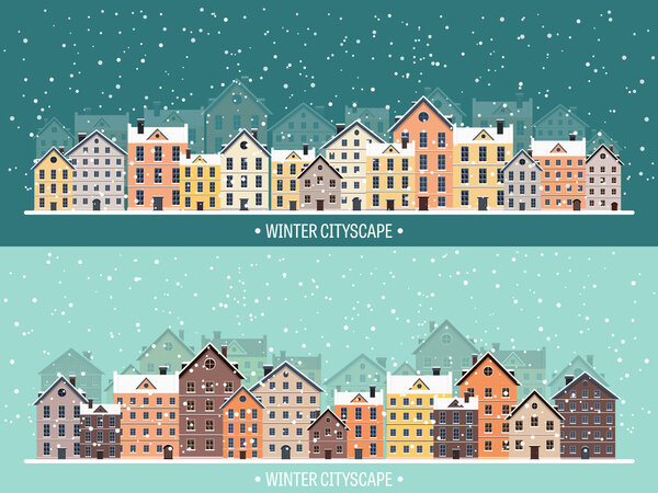 Vector illustration. Winter urban landscape. City with snow. Christmas and new year.  Cityscape. Buildings.