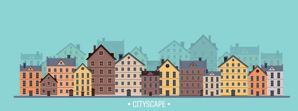 Illustrazione vettoriale. Silhouette cittadine. Paesaggio urbano. Lo skyline della città. Panorama. Case in centro. Estate . — Vettoriale Stock