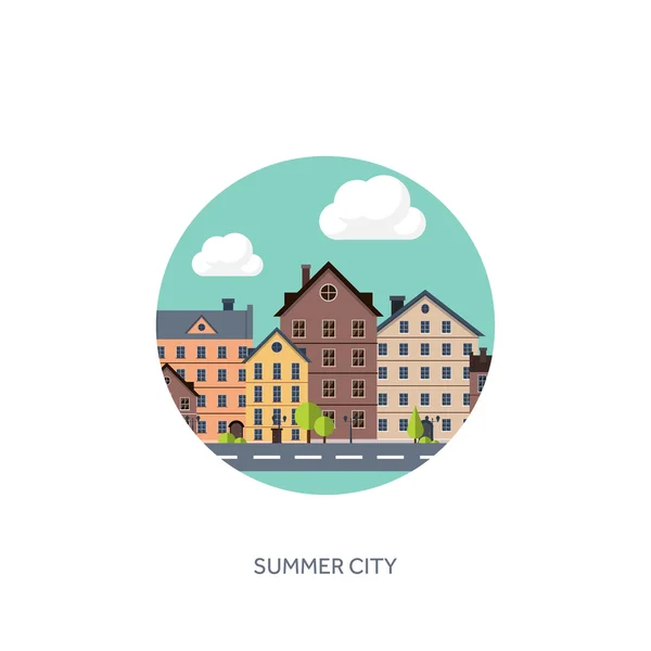 ภาพเวกเตอร์ ภาพเงาของเมือง ซิตี้สเคป ทาวน์สกายไลน์ พาโนรามา บ้านกลางเมือง ฤดูร้อน . — ภาพเวกเตอร์สต็อก