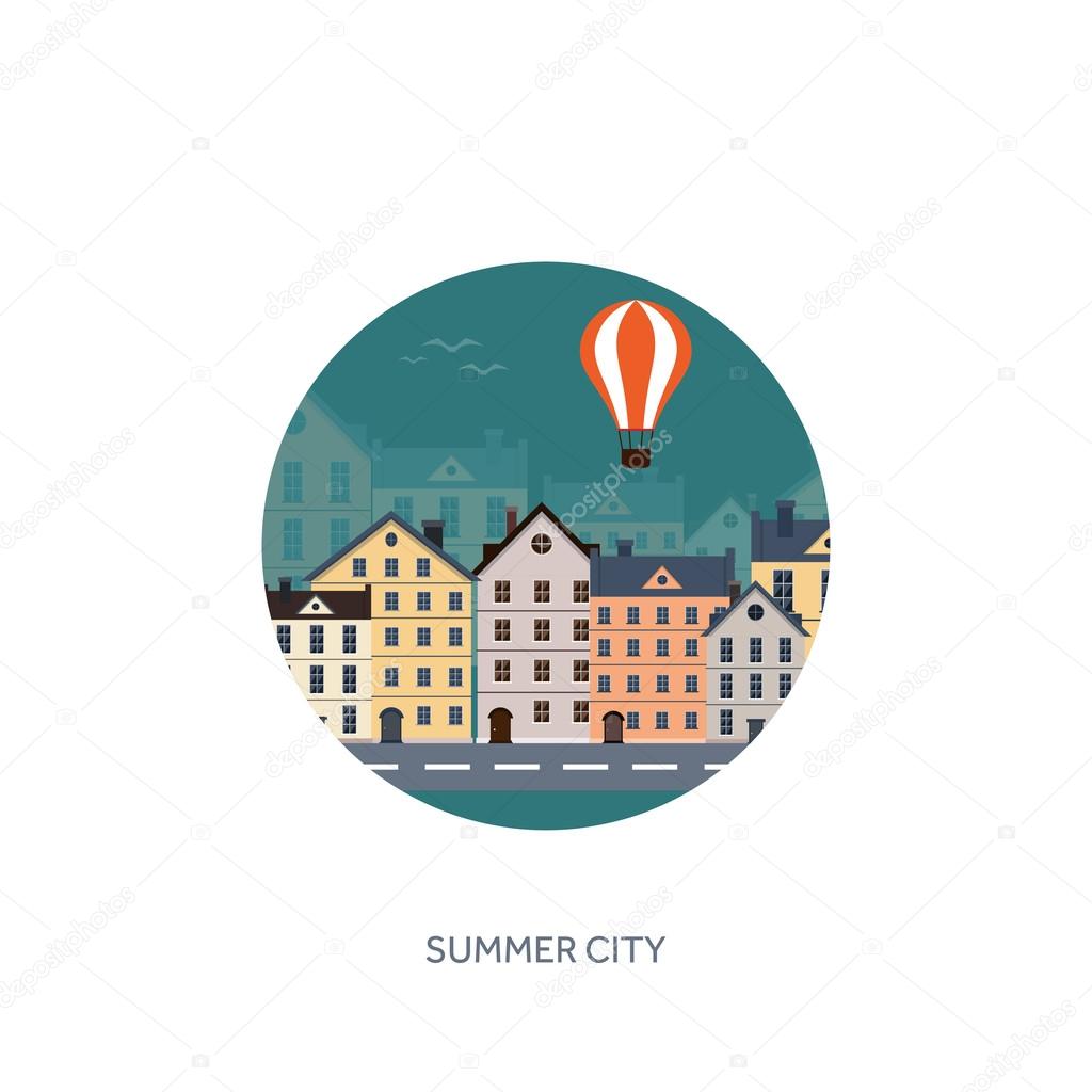 Vector illustration. City silhouettes. Cityscape. Town skyline. Panorama. Midtown houses. Summer.