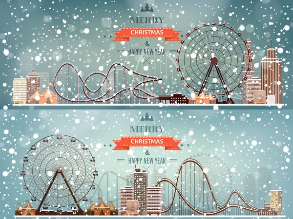 Illustration vectorielle. Grande roue. Carnaval d'hiver. Noël, nouvel an. Parc avec neige . — Image vectorielle