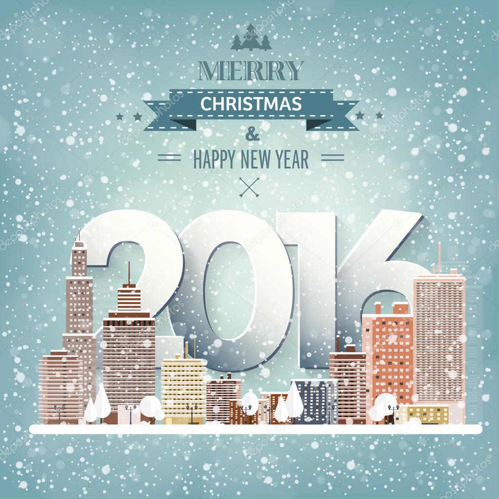2016. Vector illustration. Winter urban landscape. City with snow. Christmas and new year.  Cityscape. Buildings.