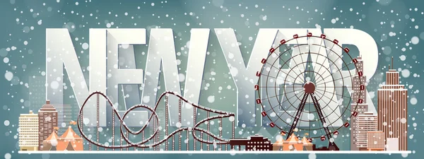 Grande roue. Carnaval d'hiver. Noël, nouvel an. Parc avec neige. Roller coaster . — Image vectorielle