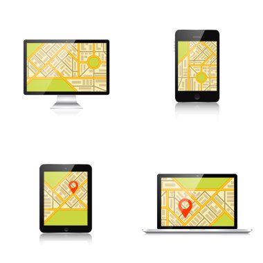 Monitör, dizüstü bilgisayar, tablet, smartphone ve harita navigasyon arka plan. Duyarlı web tasarım. Uyarlanabilir kullanıcı arabirimi.