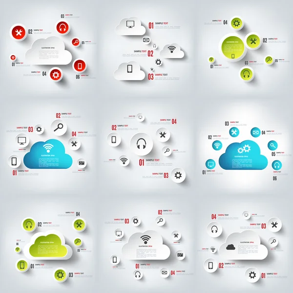 Computación en nube. Ilustración vectorial. Juego de infografías. Tecnología. Servicios . — Vector de stock