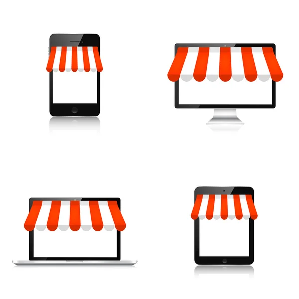 Internet winkelen concept. Realistische tablet, smartphone, laptop en monitor. E-commerce. Online winkel. Web geld, betalingen. Betalen per klik. — Stockvector