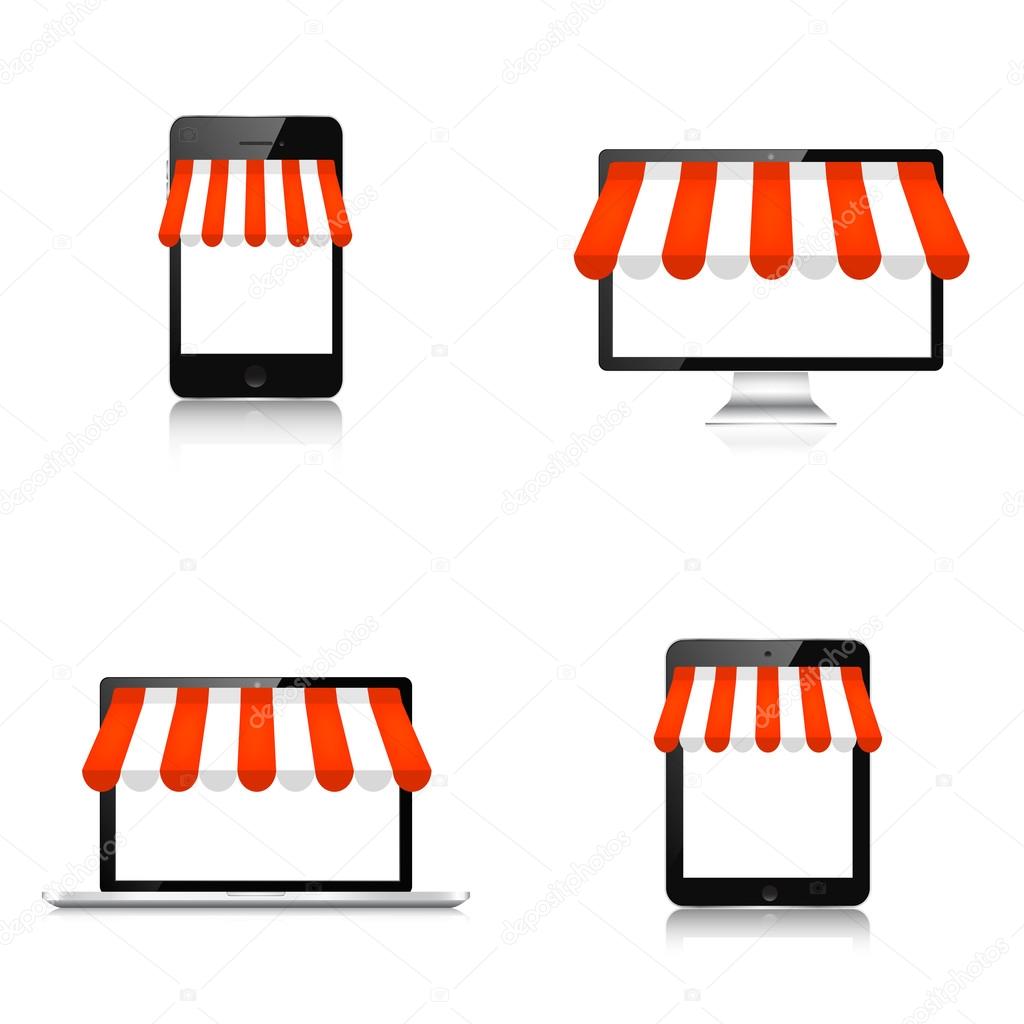 Internet shopping concept. Realistic tablet, smartphone, laptop and monitor. E-commerce. Online store. Web money, payments. Pay per click.