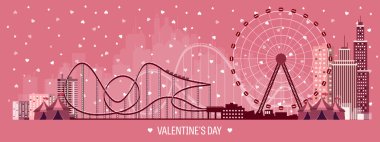 Vector illustration. Valentines day. Love. 14 february. Park. Ferris wheel. Roller coaster.