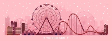 Vector illustration. Valentines day. Love. 14 february. Park. Ferris wheel. Roller coaster.