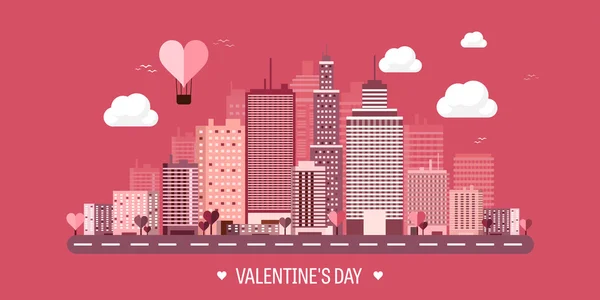 Vector illustration. City with hearts. Love. Valentines day. 14 february. Cityscape. Town. — Stock vektor
