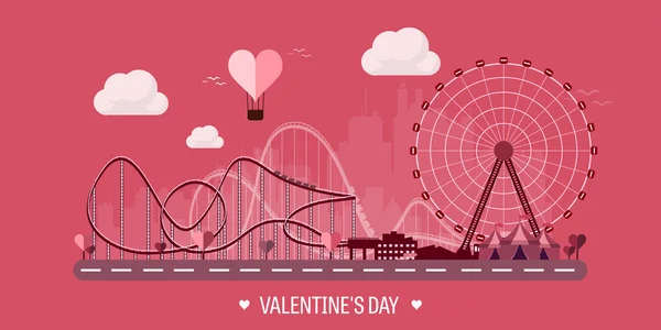 Vector illustration. Valentines day. Love. 14 february. Park. Ferris wheel. Roller coaster. — Stockvector