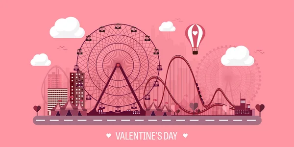 Vector illustration. Valentines day. Love. 14 february. Park. Ferris wheel. Roller coaster. — Stockvector