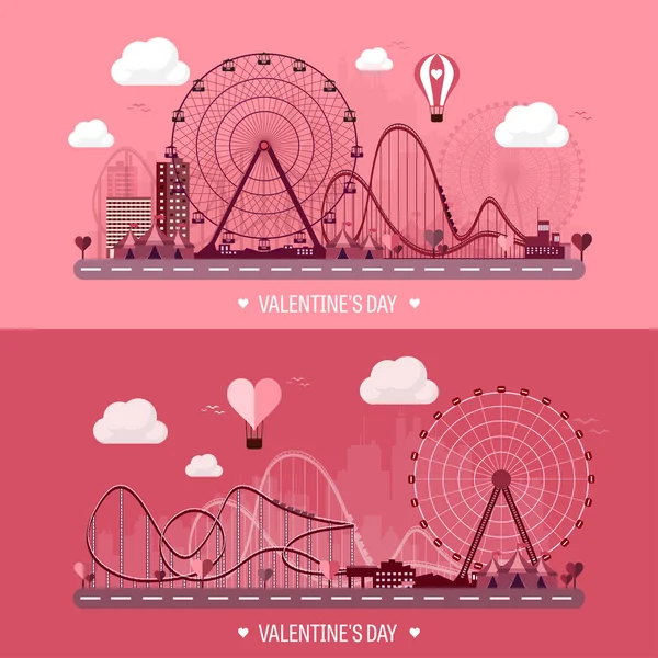 Vector illustration. Valentines day. Love. 14 february. Park. Ferris wheel. Roller coaster. — Stock vektor