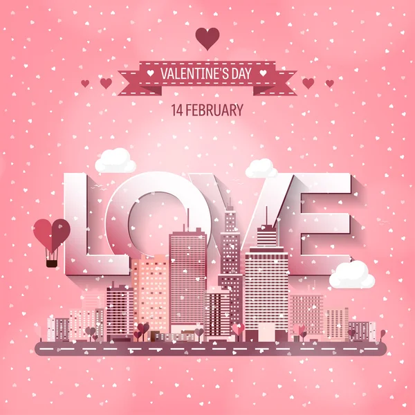 Ilustración vectorial. Ciudad con corazones. Amor. Día de San Valentín. 14 de febrero. Paisaje urbano. Ciudad . — Vector de stock