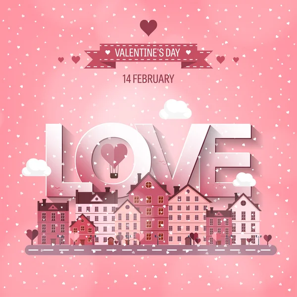 Vector illustration. City with hearts. Love. Valentines day. 14 february. Cityscape. Town. — стоковий вектор