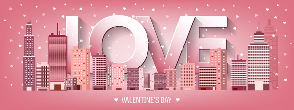 Vector illustration. City with hearts. Love. Valentines day. 14 february. Cityscape. Town. — Stockvector