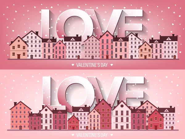 Vector illustration. City with hearts. Love. Valentines day. 14 february. Cityscape. Town. — стоковий вектор