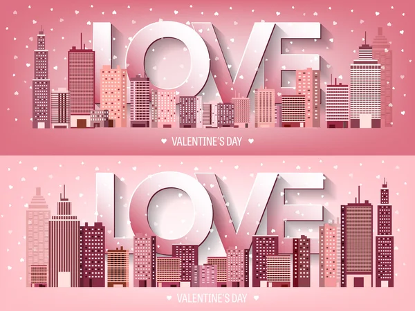 Vektorillustration. Stadt mit Herz. Liebe. Valentinstag. 14. Februar. Stadtbild. Stadt. — Stockvektor