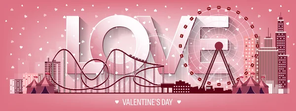 Vector illustration. Valentines day. Love. 14 february. Park. Ferris wheel. Roller coaster. — Wektor stockowy