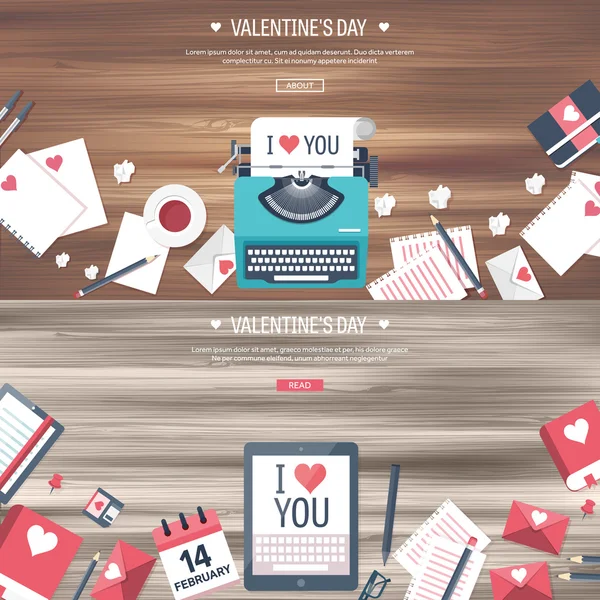 Pancartas con máquina de escribir y tableta. Mensajes de amor — Vector de stock
