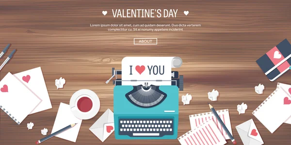 Background with typewriter. Love messages with hearts. — Stockvector