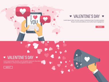 banners with tablet and loudspeaker. Love messages