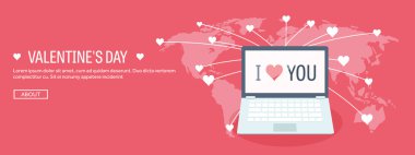 Vector illustration. Flat background with laptop. Love, hearts. Valentines day. Be my valentine. 14 february.