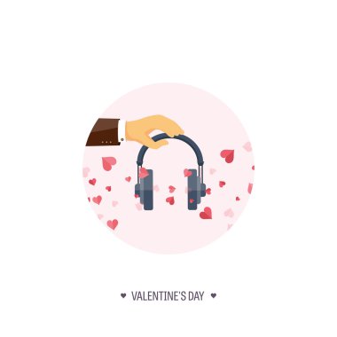 Vector illustration. Flat musical background with headphones. Love, hearts. Valentines day. Be my valentine. 14 february.