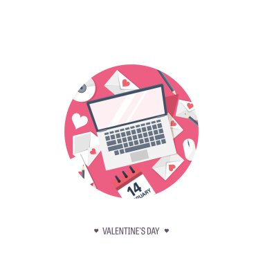 Vector illustration. Flat background with computer, laptop. Love, hearts. Valentines day. Be my valentine. 14 february.  Message.