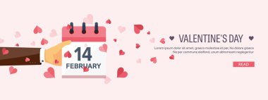 Vector illustration. Flat background with hand and calendar. Love, hearts. Valentines day. Be my valentine. 14 february.