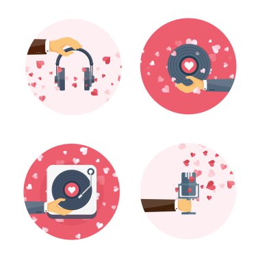 Vektör çizim. Mikrofon, el, vinil, kulaklık ile düz müzik arka plan. Aşk, kalpleri. Sevgililer günü. Benim sevgilim olmak. 14 Şubat.