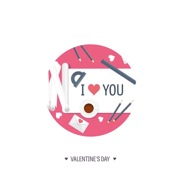 Vector illustration. Flat background with paper, envelope. Love, hearts. Valentines day. Be my valentine. 14 february. — Stockový vektor