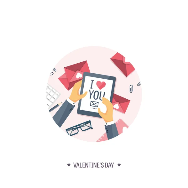 Vector illustration. Flat background with tablet. Love, hearts. Valentines day. Be my valentine. 14 february. — Stock Vector