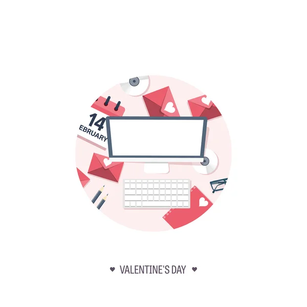 Vector illustration. Flat background with computer, laptop. Love, hearts. Valentines day. Be my valentine. 14 february.  Message. — Stock Vector