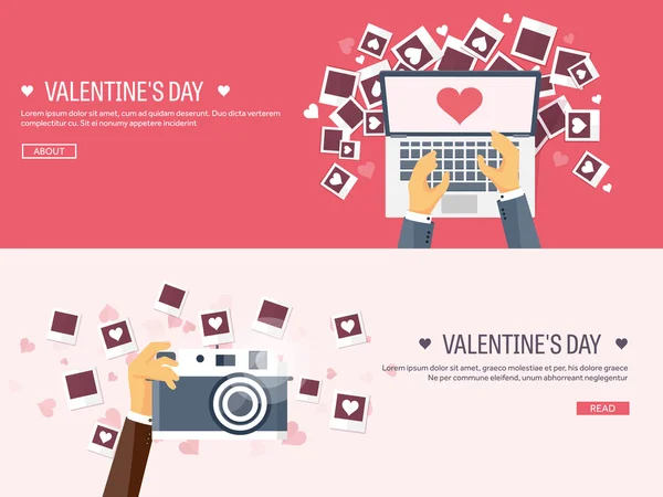 Vector illustration. Flat background with photos. Love, hearts. Valentines day. Be my valentine. 14 february. — Stock Vector