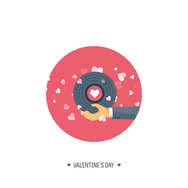 Vektorillustration. flache musikalische Untermalung mit Vinyl. Liebe, Herzen. Valentinstag. sei mein Valentinstag. 14. Februar. — Stockvektor