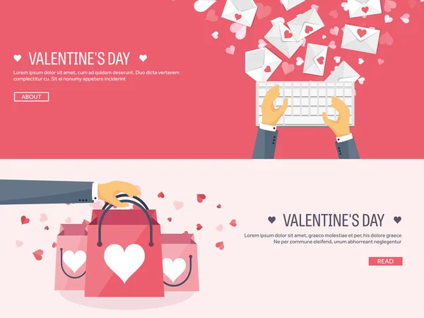 Vector illustration. Flat background with shopping bags, hand and keyboard. Love, hearts. Valentines day. Be my valentine. 14 february. — Wektor stockowy