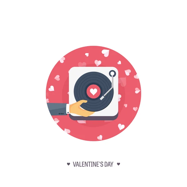 Ilustración vectorial. Fondo musical plano con vinilo. Amor, corazones. Día de San Valentín. Sé mi San Valentín. 14 de febrero . — Archivo Imágenes Vectoriales