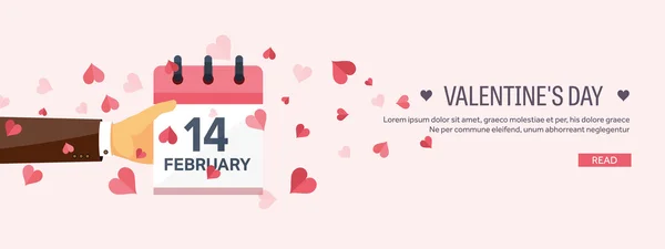 Vector illustration. Flat background with hand and calendar. Love, hearts. Valentines day. Be my valentine. 14 february. — Stock vektor
