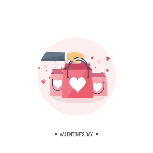 Ilustración vectorial. Fondo plano con bolsas de compras. Amor, corazones. Día de San Valentín. Sé mi San Valentín. 14 de febrero . — Archivo Imágenes Vectoriales