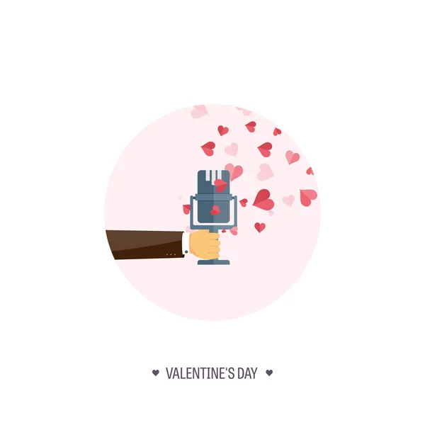 Illustrazione vettoriale. Sfondo musicale piatto con microfono. Amore, cuori. San Valentino. Sii il mio San Valentino. 14 febbraio . — Vettoriale Stock