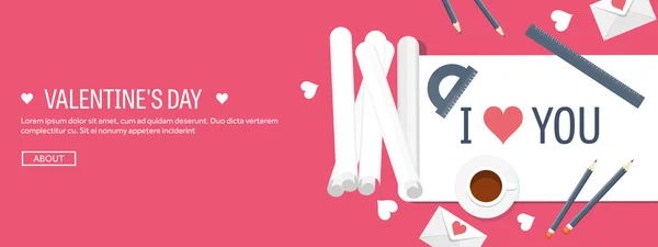 Vector illustration. Flat background with paper, envelope. Love, hearts. Valentines day. Be my valentine. 14 february. — Stockový vektor