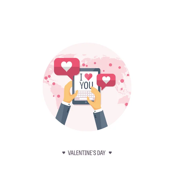 Vektorillustration. flachen Hintergrund mit Tablet. Liebe, Herzen. Valentinstag. sei mein Valentinstag. 14. Februar. — Stockvektor