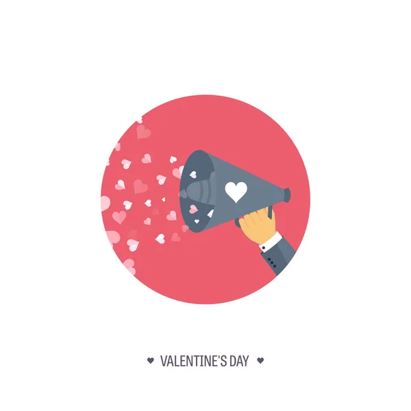 Vector illustration. Flat background with loudspeaker. Love, hearts. Valentines day. Be my valentine. 14 february.  Message. — Stock Vector